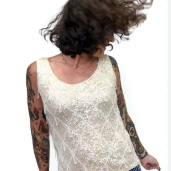 Cream Sequin Embellished Sleeveless Tank Top-1960s - Picture 13 of 13